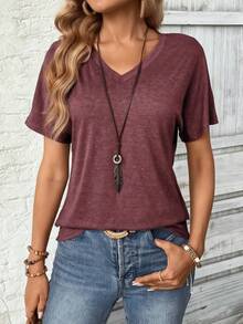 2 buah Kaos V-Neck Warna Polos Ukuran Besar, Kaos Lengan Pendek Kasual untuk Musim Semi/Panas, Nyaman untuk Dipakai Sehari-hari, Wanita Ukuran Besar - Cokelat kemerahan + hijau - View 4