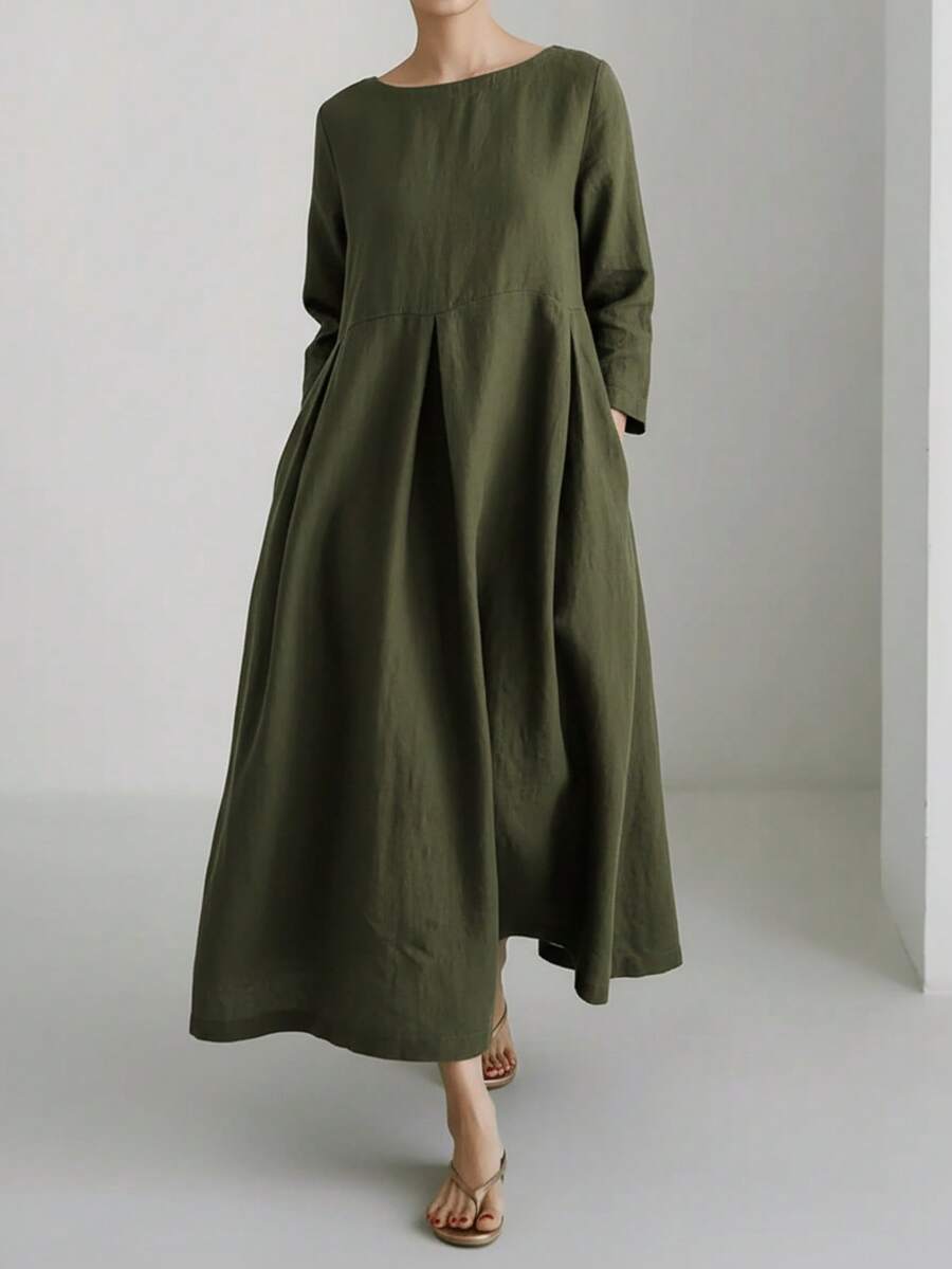 女款長袖圓領長洋裝,綠色純色,休閒優雅梭織亞麻混紡面料,附口袋,簡約優雅端莊,適用居家、婚禮、日常、約會、外出,適合送禮、生日、春夏秋冬、畢業季、開學季、聖誕節、感恩節、教師節 - 軍綠色 - 查看 1