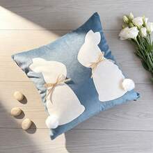 1pc Easter Bunny Pillow Cover - 3D Tail & Handmade Bow, Embroidery Decor For Spring, Farmhouse Living Room & Bedroom, Easter Gift Idea - Pink - View 5