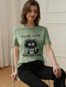 女士夏季新款简约时尚标语印花休闲度假宽松圆领短袖T恤，时尚日常上衣，适合日常和度假穿着。女士T恤上衣。 - 綠色 - 查看 2