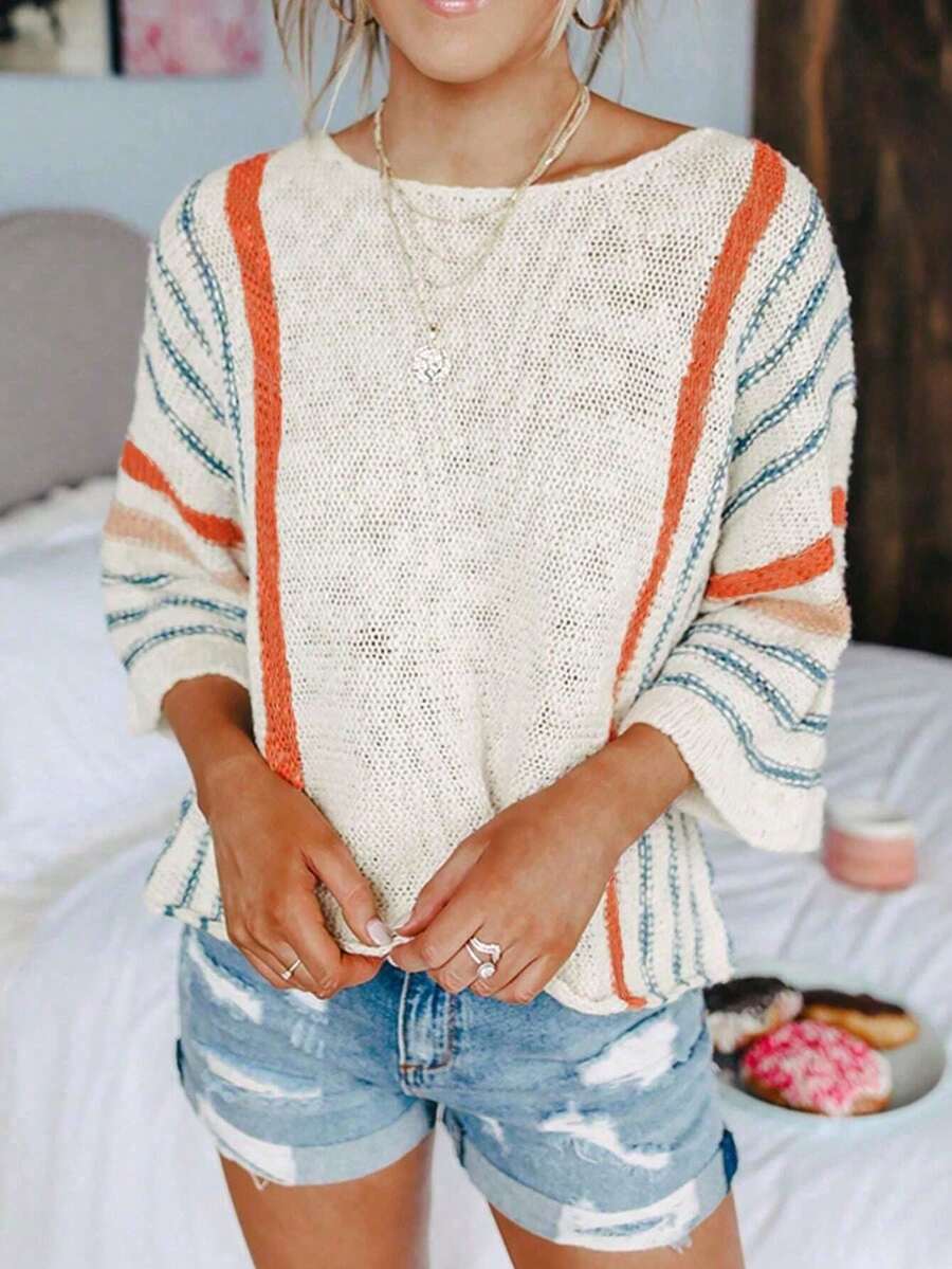 Plus Size Women Loose Striped Short Sleeve Beach Casual Sweater, Suitable For Summer, Spring Break, Winter Holiday Party, White Top - Beige - View 1