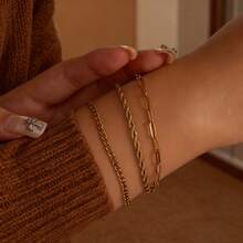 5pcs Elegant 18K Gold Plated Stainless Steel Blade & Twisted Chain Bracelet Set, Suitable For Women As Gift Or Daily Wear - Multicolor - View 5