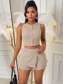 AIJ Amarilo Women's Khaki Elegant 2-Piece Set: Striped Sleeveless Crop Top + Asymmetric Belted Shorts, Summer Vacation & Holiday Outfit - Apricot - View 6