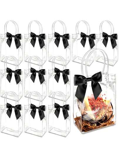 10pcs Reusable Transparent Plastic Gift Bags With Handles, PP Flower Bags With Ribbon Bows, Suitable For Weddings, Brides, Birthday Parties, Business Events, Graduations, Mother's Day Gift Packaging (Black)