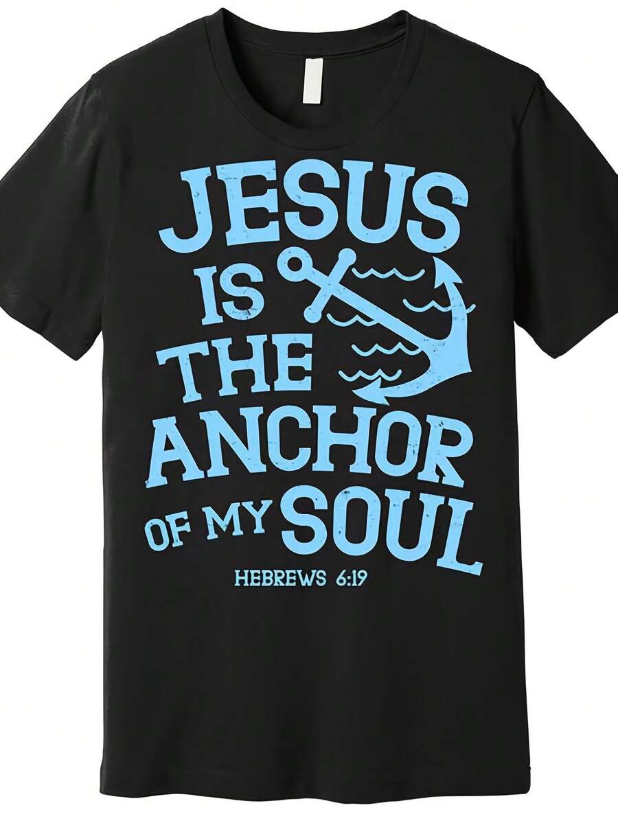Camiseta de fe para hombre: Jesús es el ancla de mi alma, estampado del versículo 619, 100 % algodón, corte holgado, símbolo religioso de la iglesia, ancla y cruz, ropa informal para Pascua, San Patricio - Negro 15 - Ver 1