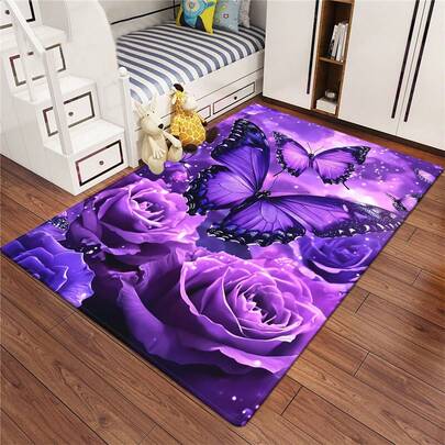 800g/M² Purple Butterfly And Rose Print Rug, Kitchen Carpet, Yoga Mat, Non-Slip Bathroom Mat, Water-Absorbent Washable Polyester Rug, Suitable For Bathroom, Living Room Entrance, Home Party Carpet, Household Rug, Home Floor Mat