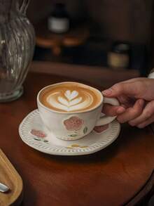 1pc Vintage Floral Glazed Ceramic Coffee Cup & Saucer Set, Niche Creative 3D Embossed Distressed Teacup, Elegant Afternoon Tea Cup, High-Quality Latte Art Cup, Lovely Office Milk Cup, Housewarming/Birthday Gift For Her - Multicolor - View 7