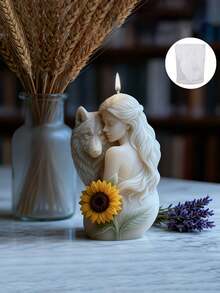A Mysterious Wolf -Shaped Silicone Mold For Resin Casting, Depicting The Close Bond Between A Woman And A Wolf Along With Vivid Sunflower Details. It Can Be Reused With Various Materials Such As Resin, Candles, And Plaster - Beauty and Wolf Mold - View 4