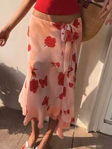 Yuyi服装 花卉玫瑰蝴蝶印花 满版印花叶子图案 波西米亚荷叶边系带蝴蝶结雪纺沙滩花园夏季女裙 - 粉色 - 查看 6