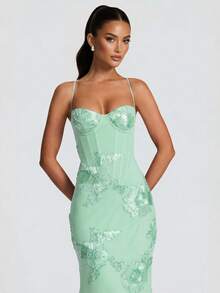Shiny Cream Yellow Floral Embroidered Elegant Sexy Backless Party Dress, Suitable For Formal Occasions, Anniversary, Graduation, Party - Mint Green - View 3