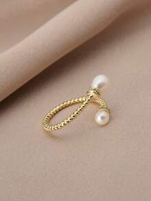 1 chiếc nhẫn mạ vàng 18K đính ngọc trai nước ngọt tự nhiên và đá Cubic Zirconia, kiểu dáng hở, thích hợp làm quà tặng Ngày của Mẹ/Ngày Valentine/Sinh nhật cho phụ nữ. - trắng - Xem 3