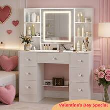 Valentine's Surprise For Her | Premium Solid Wood Makeup Vanity, 3-Speed Soft LED Mirror, Space-Saving Storage, Easy Assembly, Perfect Gift To Decorate Her Exclusive Beauty Corner - White - View 9