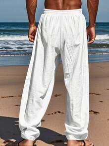 Lightweight And Breathable Men's Trousers In A Solid Color, With Pockets, Offering A Relaxed Fit For Comfortable Wear At The Beach During The Spring And Summer Seasons. - 白色 - 查看 2