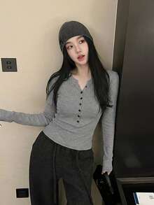 Women's Solid Gray Casual Long Sleeve Fitted Button-Up Cardigan, Spring/Summer - Grey - View 2