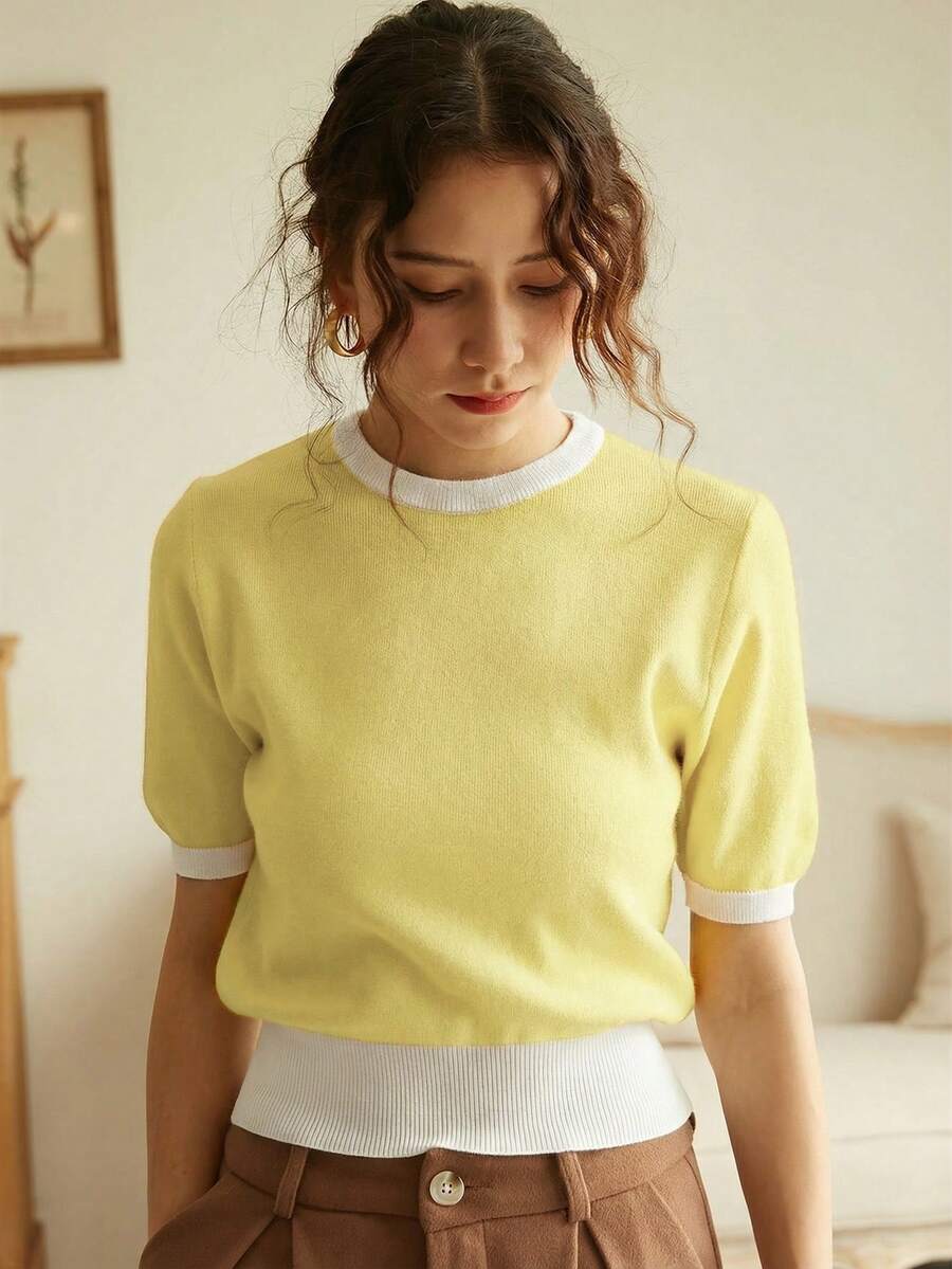 Elegante Damen Frühlings-/Sommer Mode Alltags Lässig Französischer Stil Gerippter Saum Kurzarm Farbblock Strick Pullover Top, Minimalistischer Retro Frühlings-/Sommer Stil, Frühlings-/Sommer Damenmode, Valentinstag Damenmode - Hellgelb - Übersicht 1