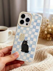 Healing Hand-Painted Cat Checkerboard Artistic Phone Case, Milky White Faux Leather Texture Soft Shell Material, High-Precision Watercolor Style Printing Craftsmanship, Blue And White Checkerboard Pattern, Harmonious Colors, Full Of Life Philosophy And Gentle Power; The Lens Module Area Has A Thickened Silicone Protective Ring, Precisely Fitting The Camera Protrusion, Providing Full Lens Protection - Multicolor - View 6