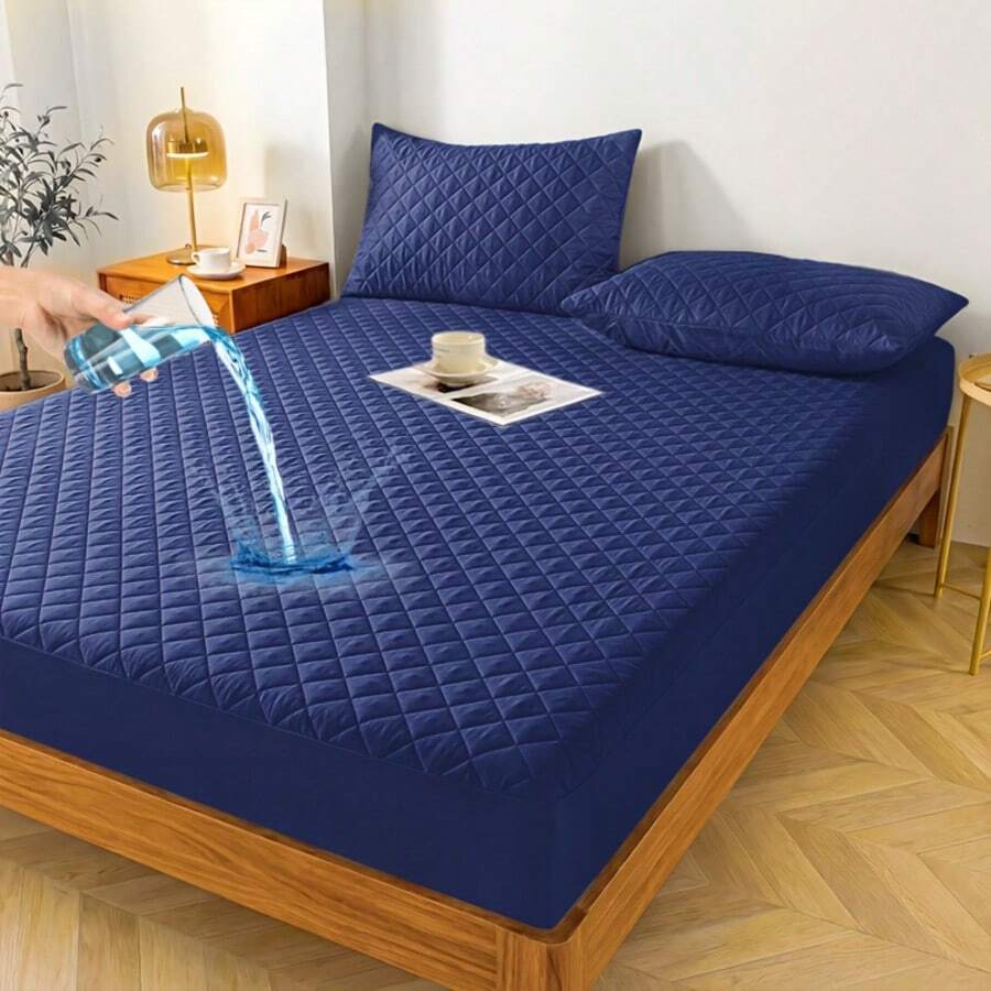 AVXLRQ Protège-matelas imperméable, antidérapant, épais, de couleur unie, housse de matelas matelassée avec poches profondes (douce et confortable), lavable en machine, peut également être utilisé seul comme protège-matelas, convient aux chambres à coucher, aux chambres d'amis et à la protection des matelas d'hôtel, cadeau exquis et attentionné. - Bleu marine - Voir 1
