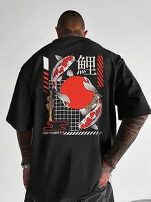 1pc Men's Fashionable Printed Loose Fit Short Sleeve T-Shirt | Exquisite Design | Summer Essential | Easy To Match, Showcase Your Style - Black - View 1