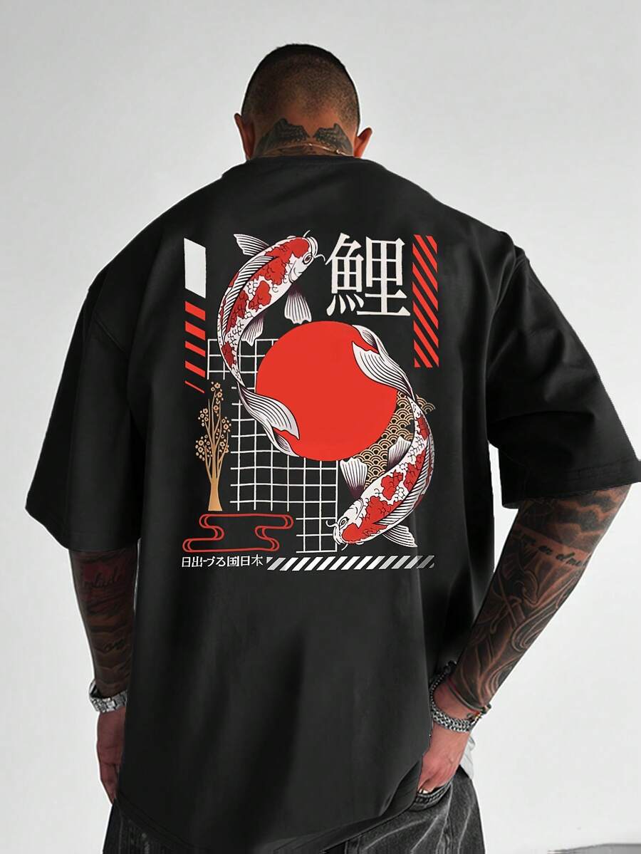 1pc Men's Fashionable Printed Loose Fit Short Sleeve T-Shirt | Exquisite Design | Summer Essential | Easy To Match, Showcase Your Style - Black - View 1