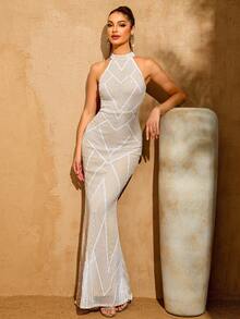 LOVE&LEMONADE Đầm dạ hội dáng dài không tay, cổ tàu, màu trơn, ôm sát, kiểu đuôi cá, dành cho nữ, thích hợp cho tiệc mùa xuân và đám cưới. - Màu be - Xem 5