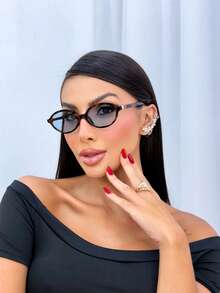 OCULOS OVAL MINIMALISTA TARTARUGA LENTE AZUL  Vintage    TENDENCIA  DA MODA UV400 - Marrom - Visão 2