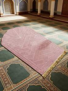 1pc Elegant Floral Pattern Prayer Mat - Soft Flannel Material, Machine Washable, Rectangular Comfortable Mat With Golden Accents, Mosque Design For Indoor Use, Velvet Material With Pink Striped Tassels - Pink - View 3