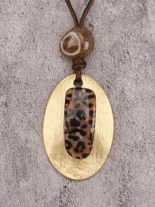 1pc Minimalist Oval Alloy Necklace, Exaggerated Beaded Necklace, Brown Wax Rope Long Necklace, Valentine's Day Party Gift, Gift For Girlfriend/Boyfriend - Yellow Gold - View 2