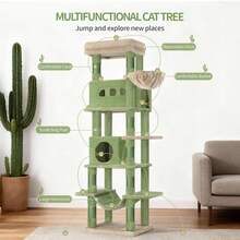 HaluPeit Large Cat Tree, 170 Cm High, With 8 Scratching Posts, 2 Caves, Large Platforms, Washable Mat, Hammock, Plush Balls, Multi-El Cat Tree, Green/Brown - Green - View 3