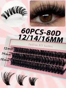 60pcs/Set 80pcs Self-Adhesive Faux Mink Lashes, Fluffy & Soft, 8-16mm Mixed Length Set, Fluffy Individual False Eyelashes, DIY Eyelash Extension, Eyelashes, Eyelash Glue, False Eyelashes - Black - View 3
