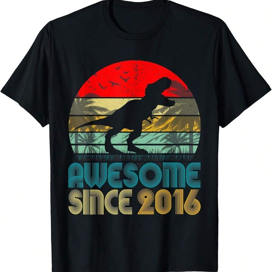 Vintage Birthday Dinosaur Awesome Since 2016 Retro Bday T-Shirt - 紅色 - 查看 1