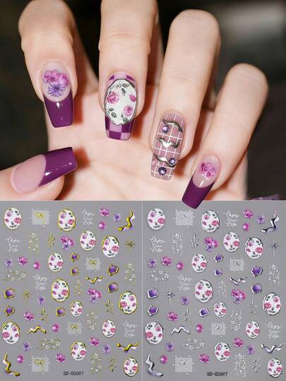 2pcs/1pc 5D Vintage Frame & Flower Petal Nail Art Stickers,5D Relief Golden & Silvery Purple Floral Line Nail Stickers For Valentine'S Day,Birthday,Wedding,New Year,Christmas Nail Charm Decoration - 5D Embossed Self-Adhesive Glossy Retro Frame Floral Nail Art Decals For Parties,Casual Attire,Nail Stickers For Nail Art, Delicate Embellishments Nail Supplies