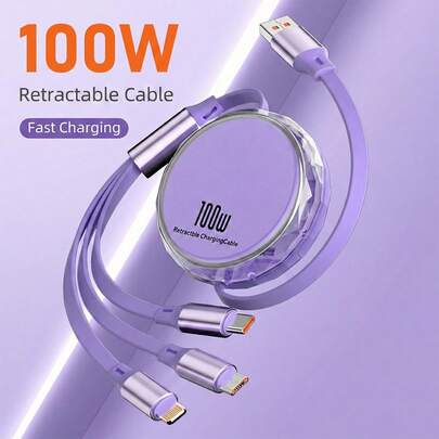 100W 3-In-1 Retractable Fast Charging Cable, USB To USB C/Lightning/Micro USB, High-Speed Charging Cord, Adjustable Type-C Data Cable, Compatible With IPhone// And Other Devices Universal Travel Charger