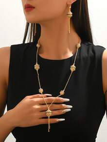 Bộ trang sức ngọc trai giả đèn lồng cổ điển 3 món, Bộ trang sức đá Jasper Zirconia mạ đồng, Bộ trang sức sang trọng theo phong cách Bohemian cho đám cưới, tiệc, lễ hội - Vàng - Xem 10