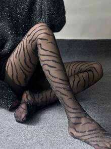 1 Pair Zebra Textured Lurex Glitter Socks, Sexy Shiny Fashion Elastic Stockings For Music Festival/Party/Prom/Y2K - Multicolor - View 4