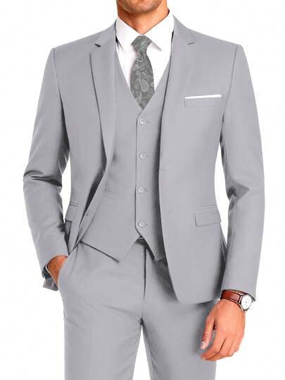 Furuyal Men's Suit, Gentleman's Minimalist Slim-Fit Single-Breasted 3 Pieces Set, Including Jacket, Vest And Pants, Suitable For Weddings, Parties, Galas And Other Occasions To Showcase Gentlemanly Style, Light Gray, Size XS-XXXL