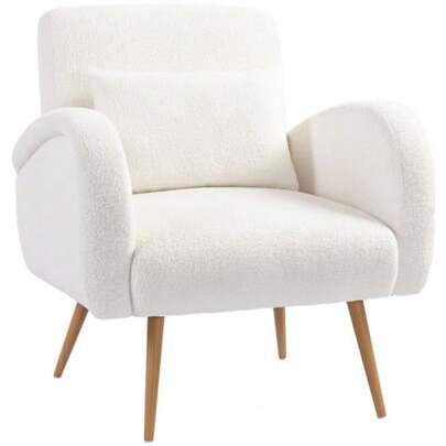 Upholstered Armchair, Fleece Cover, Integrated Lumbar Cushion, Metal Legs, Reading Chair, Cream White