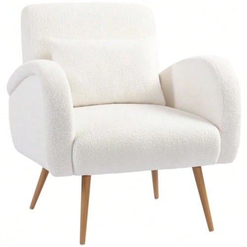 Upholstered Armchair, Fleece Cover, Integrated Lumbar Cushion, Metal Legs, Reading Chair, Cream White - White - View 1