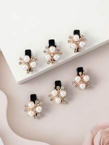 6个珍珠水钻花朵造型发夹，优雅发饰 - 彩色 - 查看 4