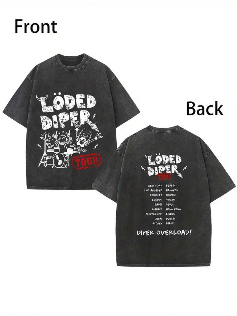 1pc, 230G Double-Sided Water Washed, Time Arranged Printed T-Shirt, High-Quality Wax Printed Cotton Retro Fashion Brand T-Shirt, Suitable For Summer T-Shirt With A Certain Thickness, Holiday Gift - màu đen - Xem 1