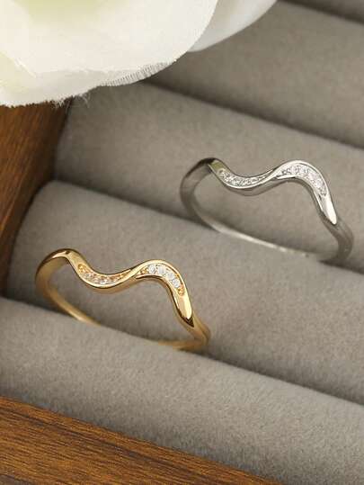 1 anillo con incrustación de circonita en onda, simple y personalizado, exquisito, compacto y versátil, adecuado para festivales diarios y cualquier ocasión, se puede regalar a amigos