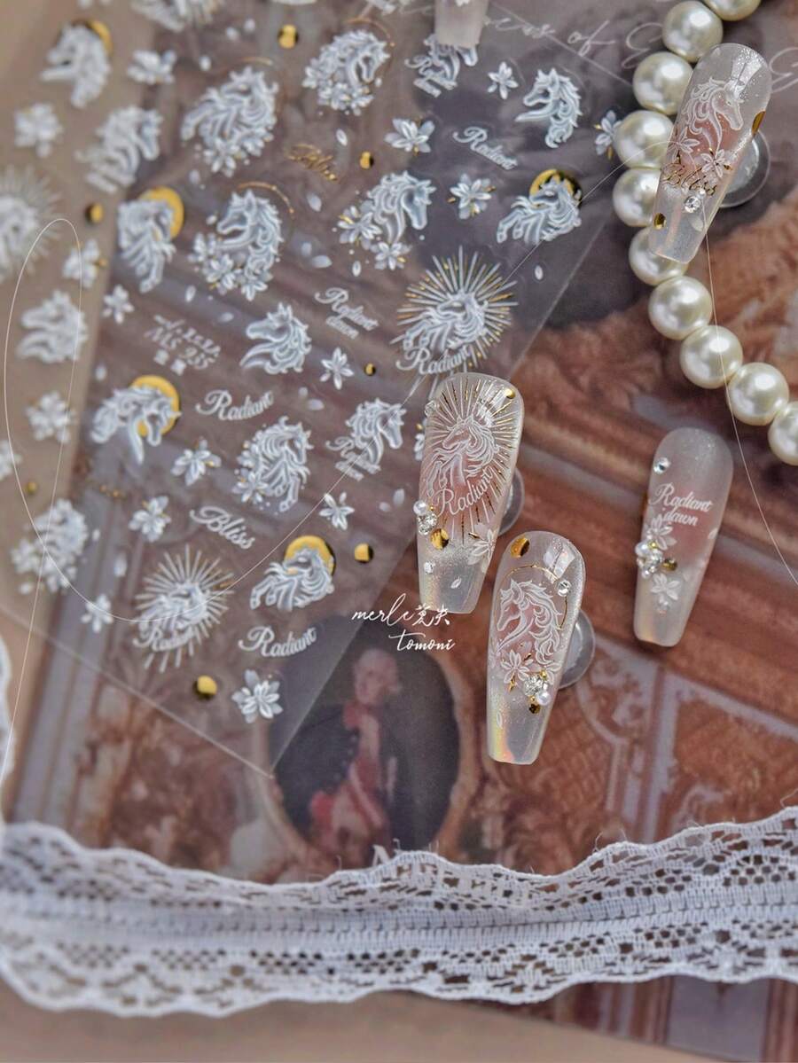 1片装 5D立体美甲贴纸 精致花朵和可爱小马图案 热压印 DIY自粘美甲贴纸 - 白色 - 查看 1