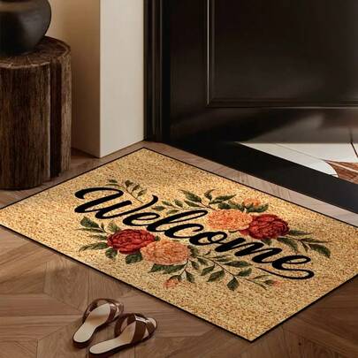 1 件复古花卉迎宾门垫，乡村风格入口垫，黑色手写“欢迎”字样，搭配橙色和红色复古花卉和绿叶图案，多种尺寸可选，门垫，小地毯，迎宾垫，地毯，户外门垫，厨房地毯，家居装饰，前门垫，小地毯，户外垫，家居装饰，地毯，花园地毯，秋冬季地毯，可水洗地毯