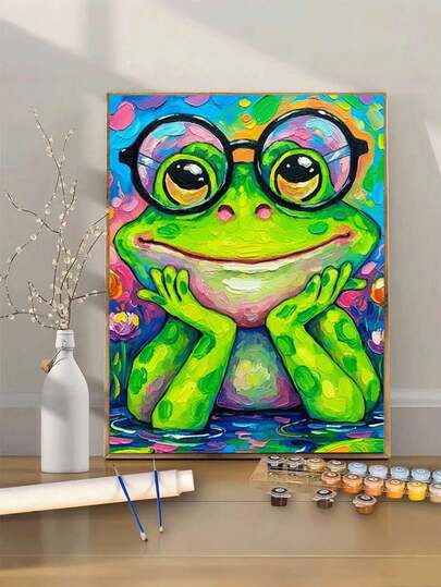 成人DIY数字油画套装，可爱卡通青蛙图案，适合初学者和手工爱好者，可装饰客厅、卧室、书房和其他室内空间，是圣诞节、新年、情人节、复活节送给家人和朋友的最佳手工礼物。
