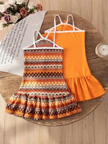 两件套女童休闲可爱连衣裙，碎花吊带时尚橙色连衣裙+橙棕色提花针织连衣裙 - 橘色 - 查看 2