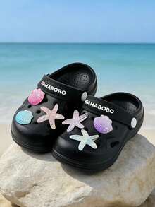 New Kids Cartoon Starfish & Shell Slide Sandals, Cute EVA Lightweight Soft Waterproof Non‑Slip Home Beach Shower Shoes For Boys Girls Spring Summer - Black - View 3