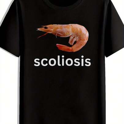 Black Background Shrimp Print T-Shirt, Summer, Versatile, Sporty,  T-Shirt, Round Neck Short Sleeve Top, Casual Everyday Wear, Men'S Clothing