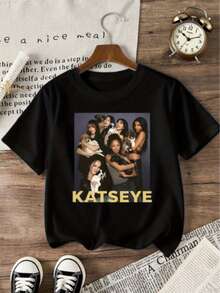 KATSEYE Girl Group Portrait Print Tee, K-Pop Korean Style Crew Neck Cotton Short Sleeve T-Shirt, Washable Durable Casual Youth Daily Streetwear Top - 黑色 - 查看 12