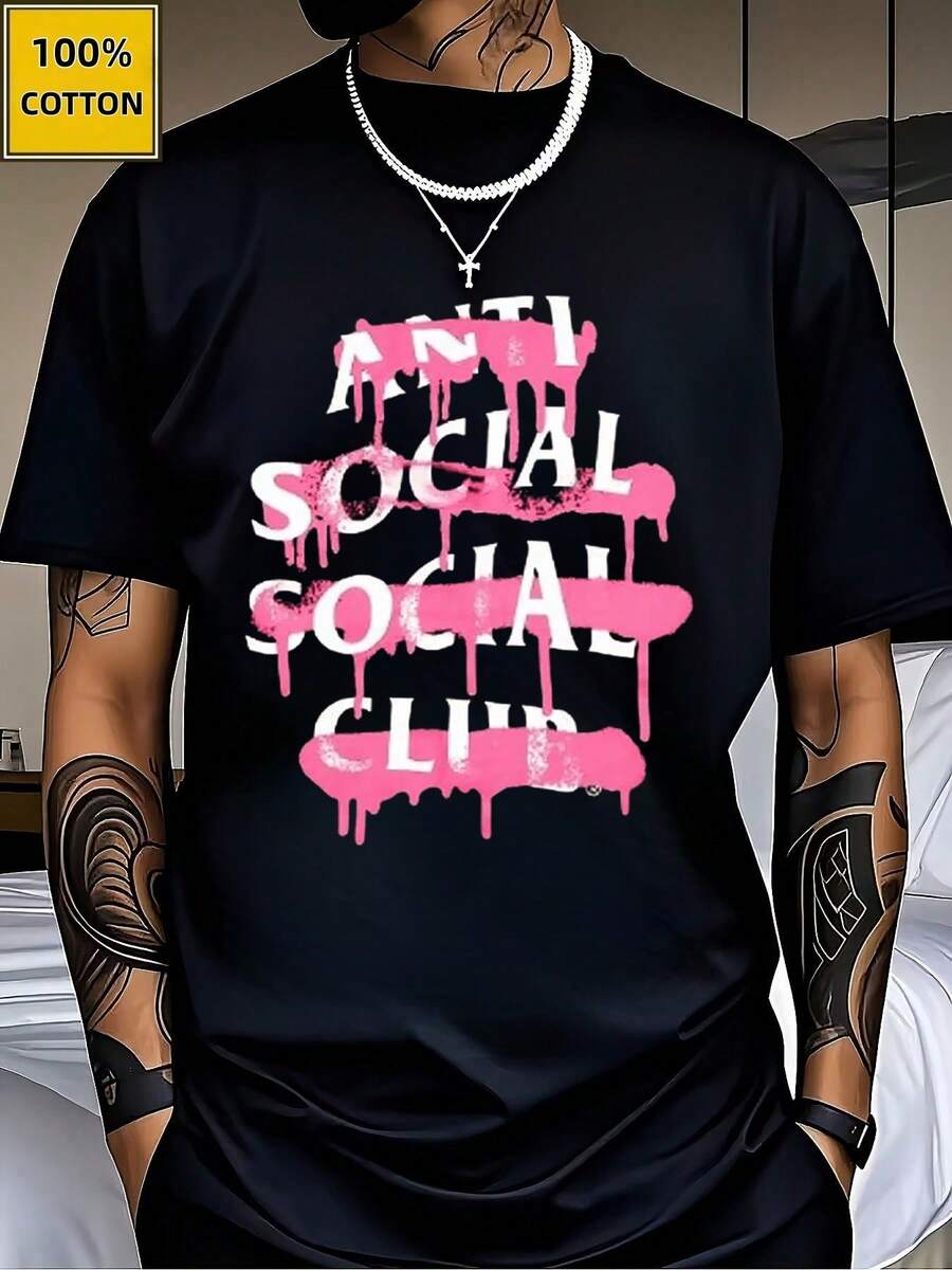 Anti Social Club Printed TShirts Sport ShortSleeved Tee 100% Cotton Spring And Summer Graphic T Shirts Fashion Men'S Top A Great Valentine's Day Gift Valentine Outfits For Men Mardi Gras Gift, Casual Style Tee - Black - View 1
