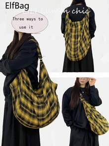 This Stylish And Minimalist Shoulder Bag Features A Checkered Design And Can Be Carried On The Shoulder, By Hand, Or Crossbody. It Comes With Double Handles. Versatile And Practical, It's Suitable For Women, College Students, Commuters, Dates, Outings, And Daily Commutes. It Also Makes A Perfect Valentine's Day Gift. - Yellow - View 6