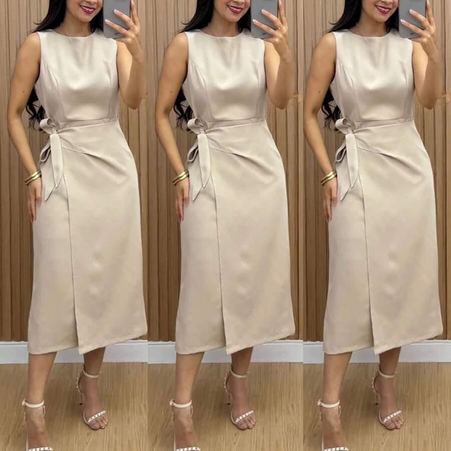Women's Luxury Tailored Dress, Elegant With Tie Closure | Zipper | Comfortable And Stylish - Màu be - Xem 1